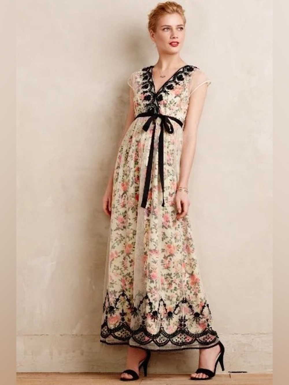 Anthropologie Vineet Bahl Floral Embellished Maxi Dress Tie Waist
